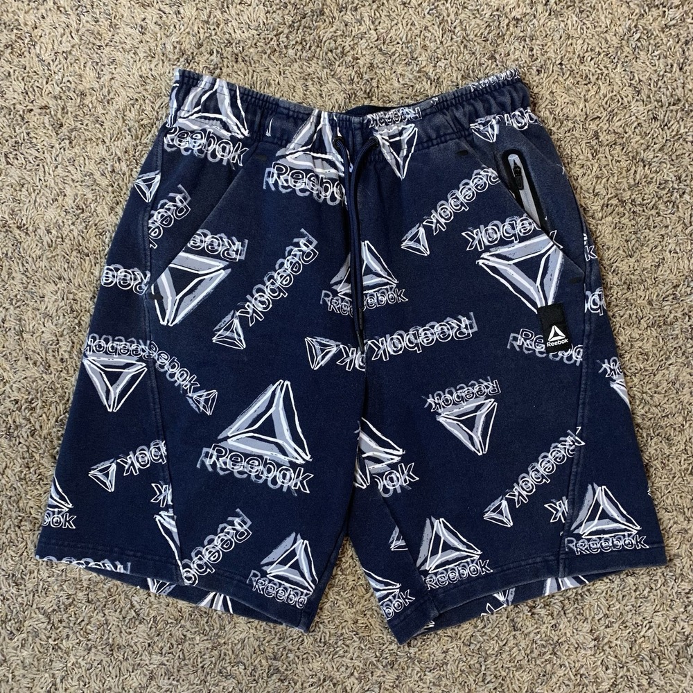 Reebok Shorts Mens Small Navy Blue Logo AOP 8" Casual Pull On Sweat Comfort